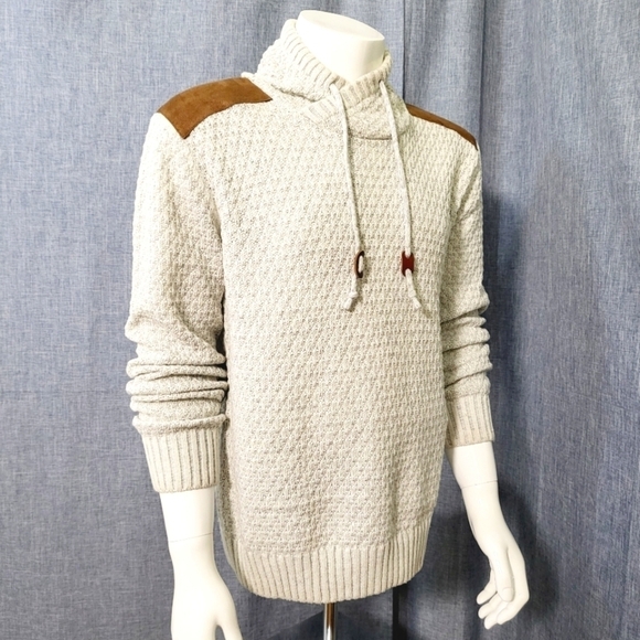 X-RAY Shawl Collar Pullover Sweater Faux Suede Shoulder Patches Oatmeal Men's M - Picture 3 of 10
